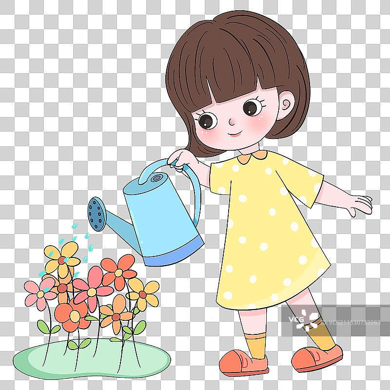 短发黄裙子小女孩浇水图片素材