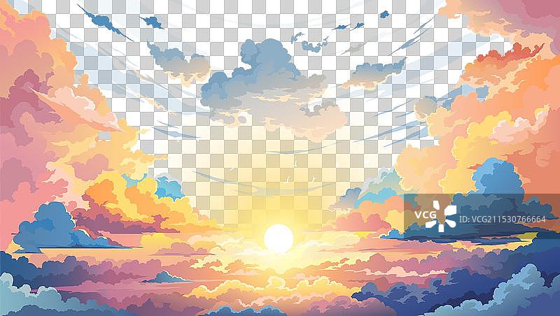 动漫背景中的天空日落，地平线上有云彩图片素材