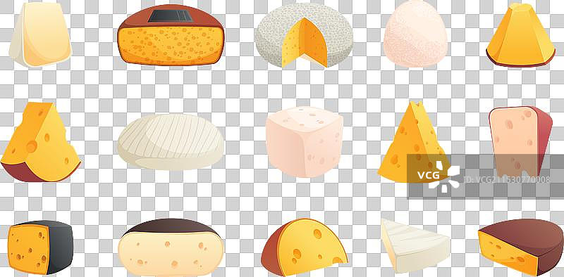 卡通风格的各种奶酪、奶酪片和奶酪块图片素材