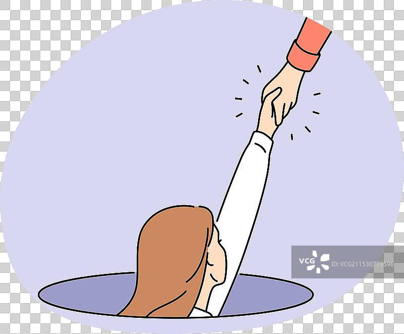一个人向困在舱口的女人伸出援手图片素材