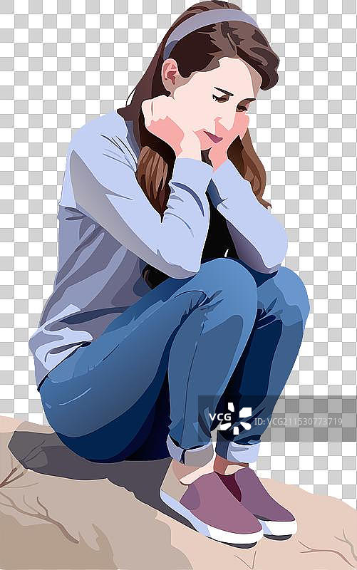 年轻女性感到悲伤和沮丧，坐着。图片素材