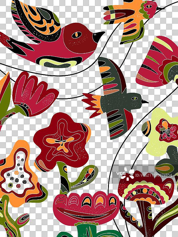 鸟与花的民俗艺术明信片背景图片素材