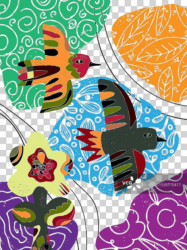 鸟与花的民俗艺术明信片背景图片素材