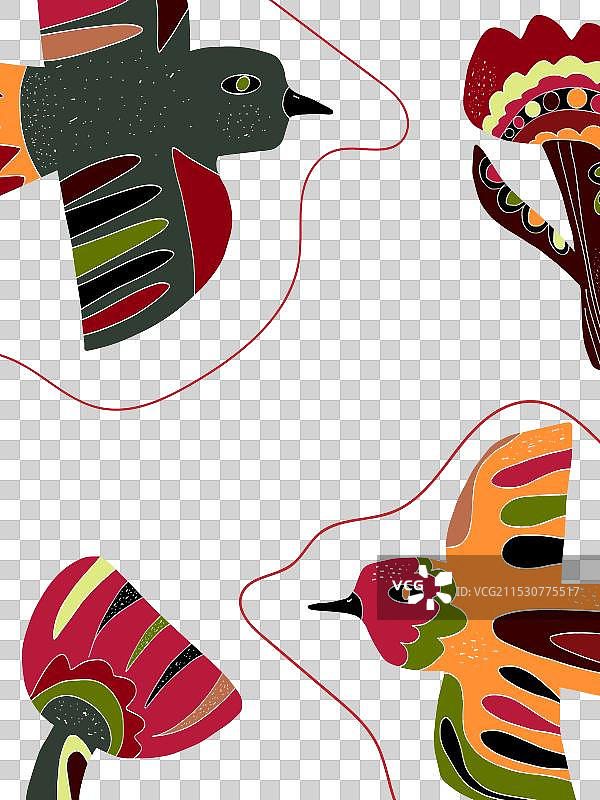 鸟与花的民俗艺术明信片背景图片素材