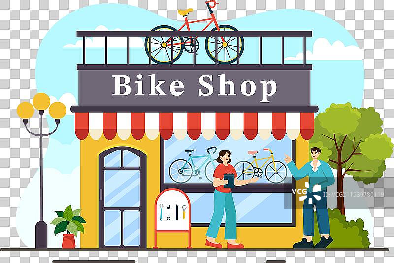 自行车商店，顾客们正在挑选自行车图片素材