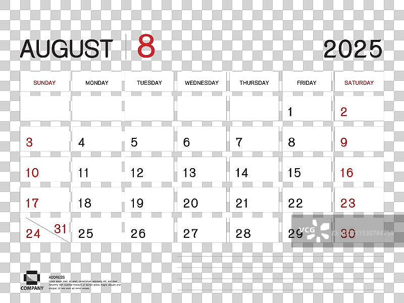 2025年日历 - 2025年8月图片素材
