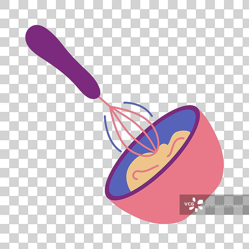 在深碗中用打 whisk 混合面团，准备菜肴。图片素材