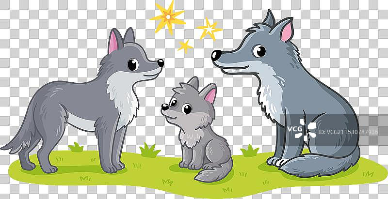 可爱的狼家庭站在绿色草地上图片素材