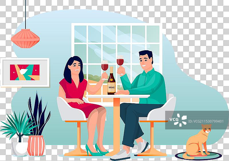 一对情侣在家喝酒，男士和女士。图片素材