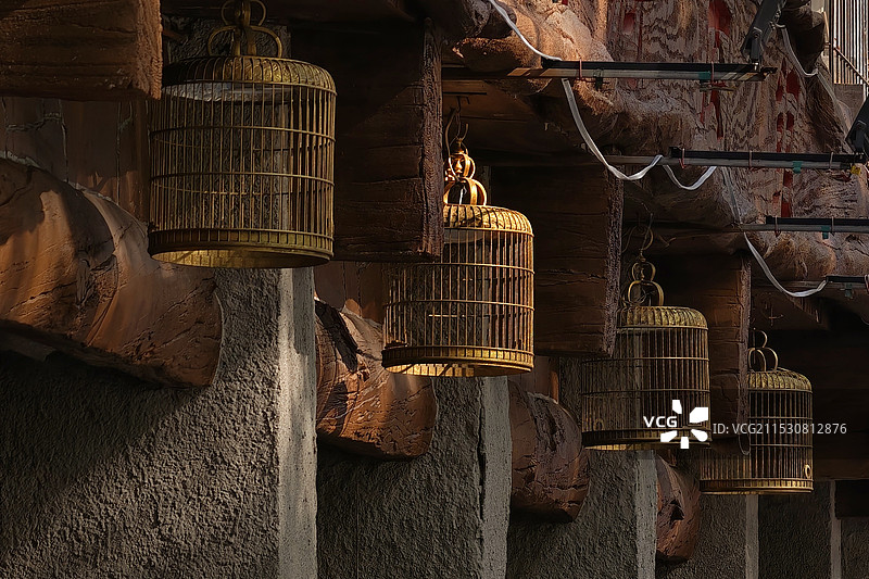 挂在墙上的鸟笼的低角度视图图片素材