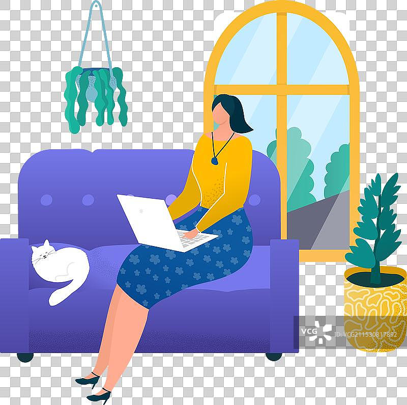 女人坐在紫色沙发上使用笔记本电脑，旁边有一只猫。图片素材