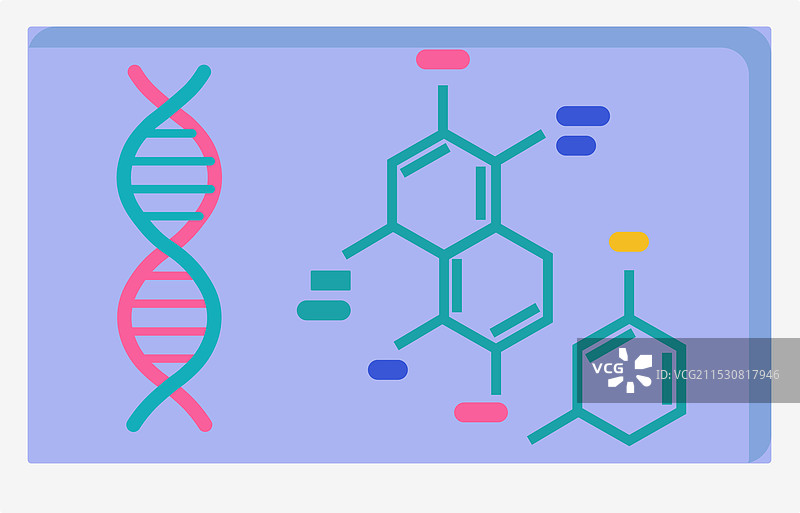 紫色背景上的DNA螺旋和化学结构图片素材