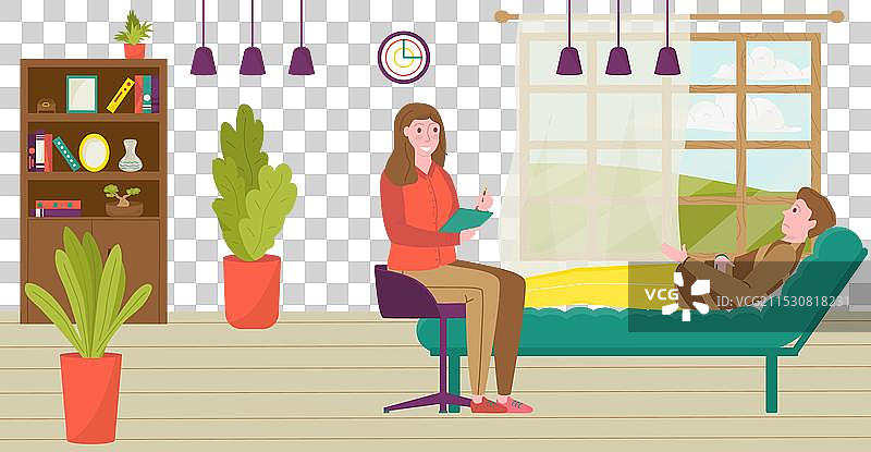 女性治疗师在记录躺着的男性病人的笔记图片素材