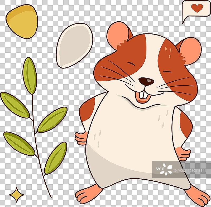 可爱的橙白色仓鼠在笑着，旁边有一根树枝图片素材