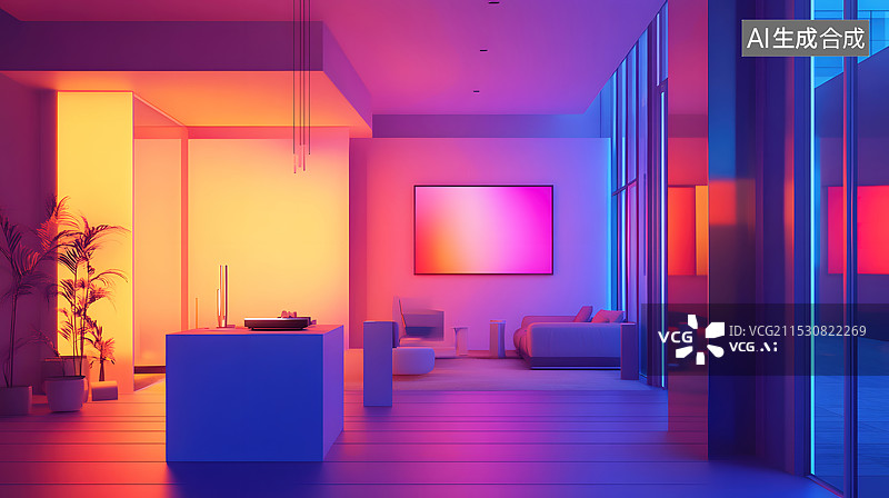 【AI数字艺术】现代建筑的彩色灯光室内空间图片素材
