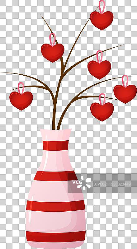 装饰性花瓶，里面插着树枝和红色心形装饰图片素材