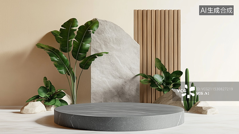 【AI数字艺术】极简大理石绿植产品展示场景图片素材