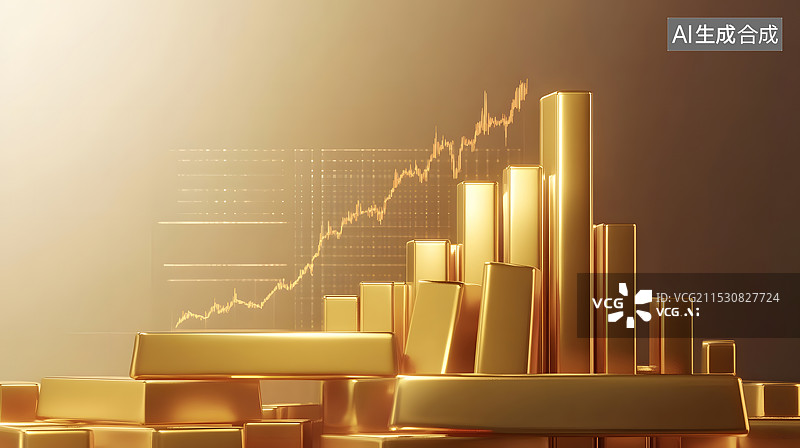 【AI数字艺术】黄金金条堆砌的金融柱状图-贵金属投资概念背景图图片素材