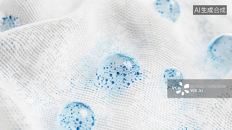 【AI数字艺术】一片白色颜料与编织棉麻布料纹理不同大小的蓝色科技水分子透气吸水性图片素材