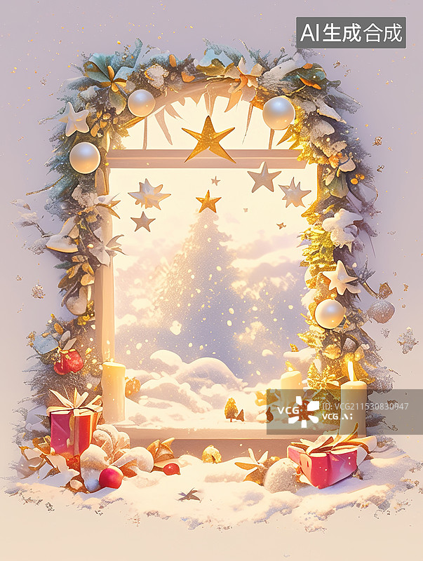 【AI数字艺术】冬季仙境窗户浪漫温馨的雪景背景3D卡通圣诞主题可爱的白色3D纸星星米色紫蓝色黄绿色橙色的粉彩色调墙纸图片素材