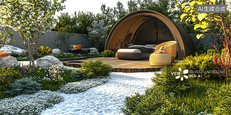 【AI数字艺术】现代家庭露台帐篷后花园景观冬日阳光汽车广告背景度假别墅相邻的宽敞空地3D极简设计图片素材