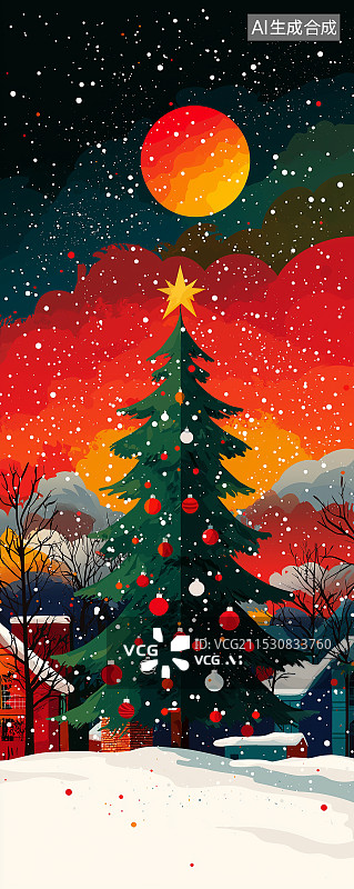 【AI数字艺术】平面矢量图，有圣诞老人和圣诞树，色彩丰富，洋溢着圣诞欢乐氛围。图片素材