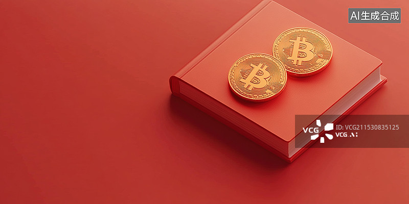 【AI数字艺术】可爱卡通风格的笔记本封面有2个比特币图标红色背景新年春节生日礼物投资和金融科技概念图片素材