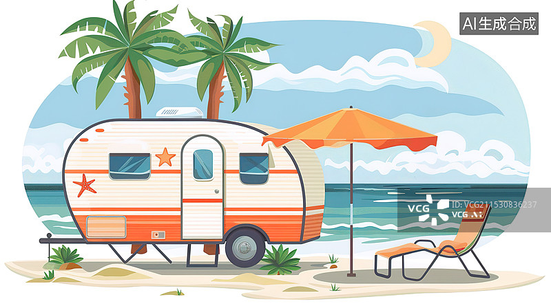 【AI数字艺术】清新扁平风海边的遮阳伞躺椅和露营拖车插画图片素材