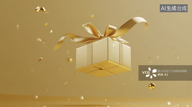 【AI数字艺术】蝴蝶结丝带的金色礼盒图片素材