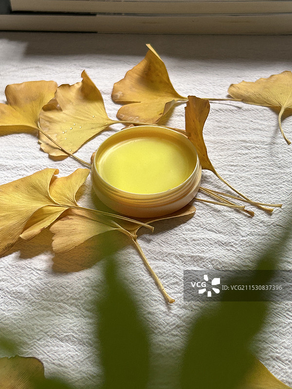 桌子上的干树叶特写镜头图片素材