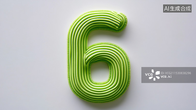 【AI数字艺术】带有山脊的3D数字“6”设计奶油风格石灰绿色基线白色插画背景图片素材