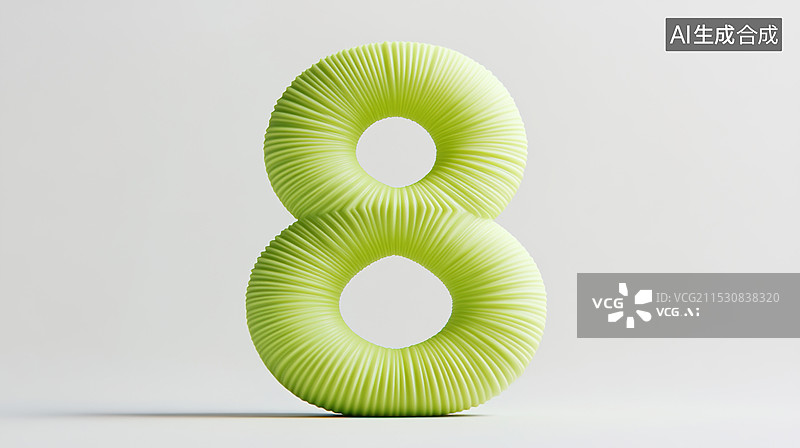 【AI数字艺术】带有山脊的3D数字“8”设计奶油风格石灰绿色基线白色插画背景图片素材