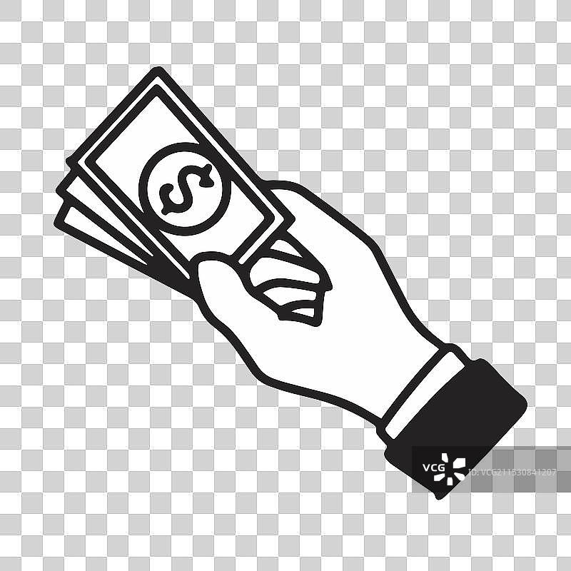 手握现金捆的涂鸦卡通黑色画作图片素材