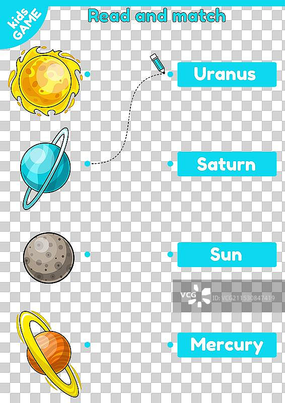 孩子们的太空游戏：匹配英语单词和行星图片素材