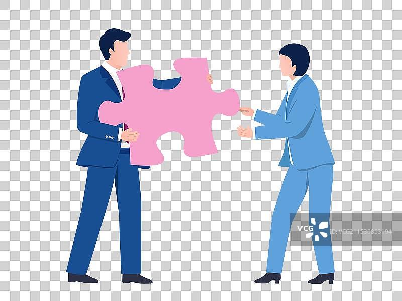 两人合作传递拼图图片素材