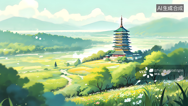 【AI数字艺术】春天古塔插画图片素材