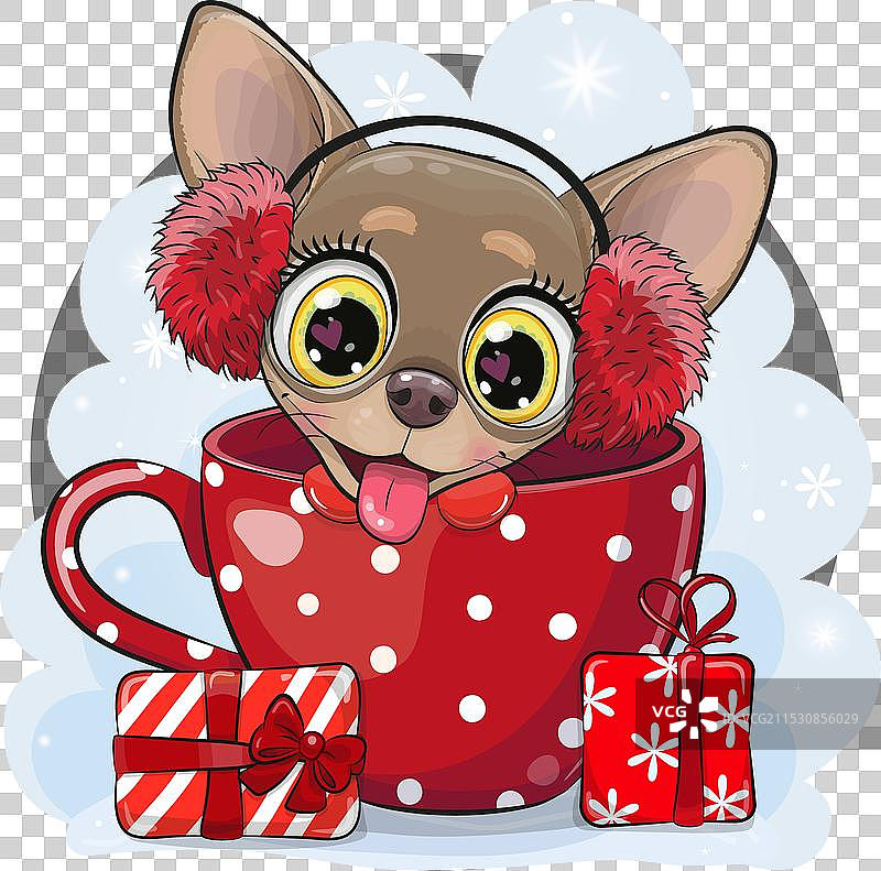 可爱的卡通吉娃娃戴着毛绒耳机图片素材