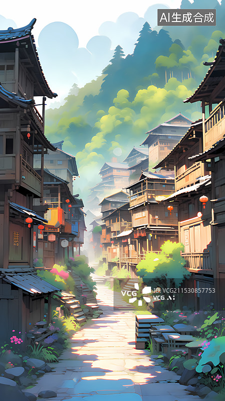 【AI数字艺术】春天山里古城建筑插画图片素材