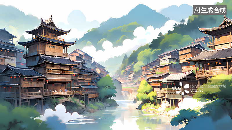 【AI数字艺术】春天山里古城建筑插画图片素材
