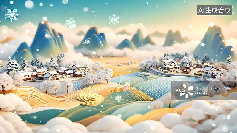 【AI数字艺术】冬天乡村田园三维插画图片素材