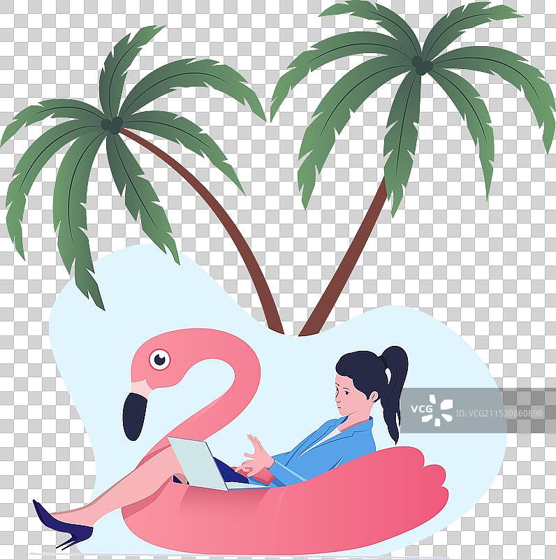 年轻女性在火烈鸟浮筒上放松，正在工作图片素材