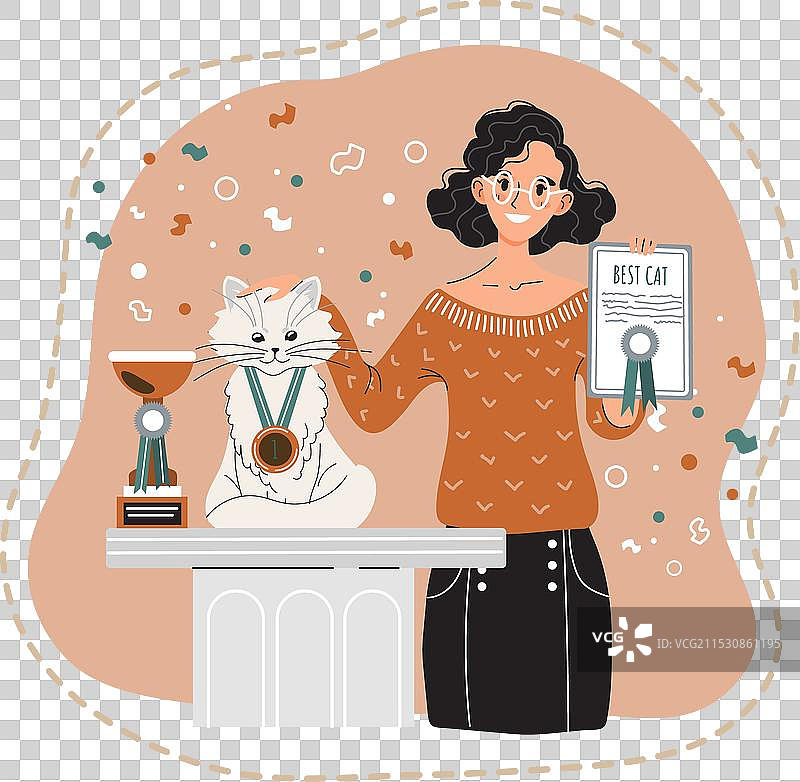 自豪的猫主人展示获奖猫咪的奖项图片素材
