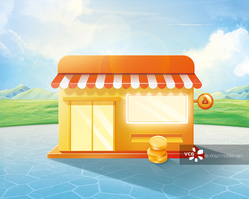 便利店购物店金币蓝天白云房屋图片素材