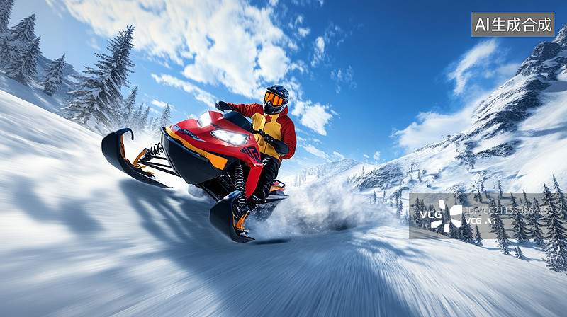 【AI数字艺术】穿着防护装备的雪地摩托手在雪山中高速行驶。背景是壮丽的雪山，天空晴朗，云朵点缀其间。图片素材
