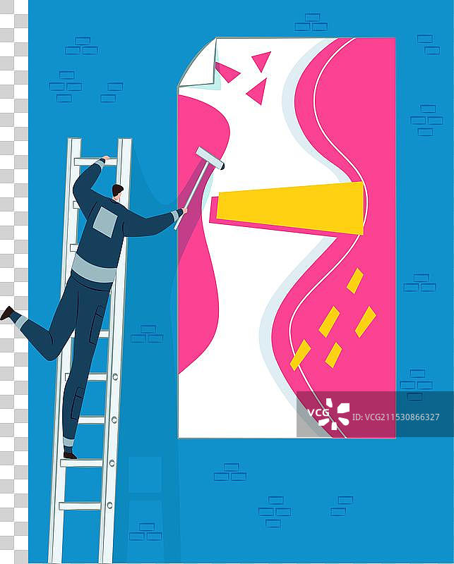 男人在梯子上给墙壁涂漆图片素材