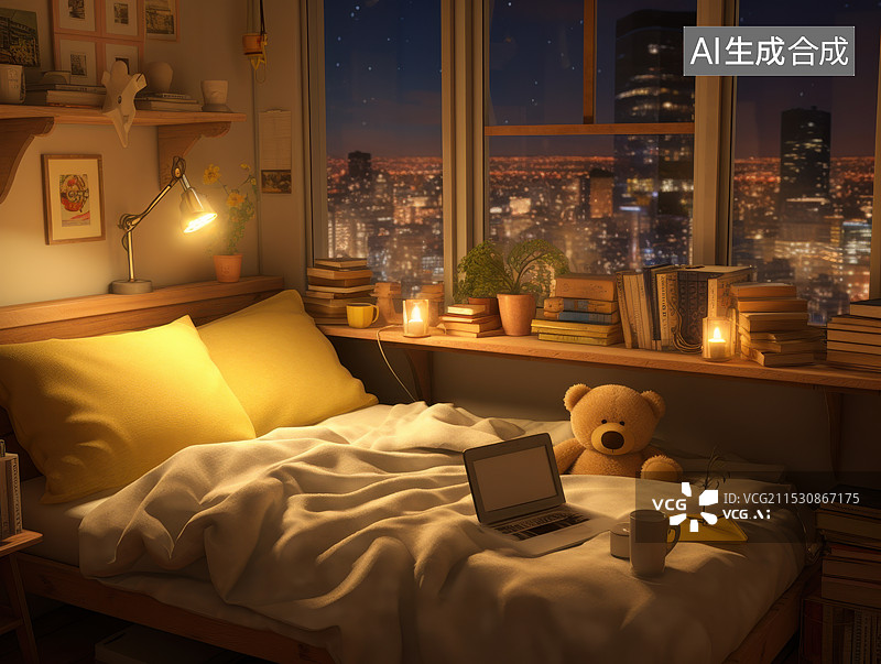 【AI数字艺术】夜色下的温馨小卧室的场景图片素材