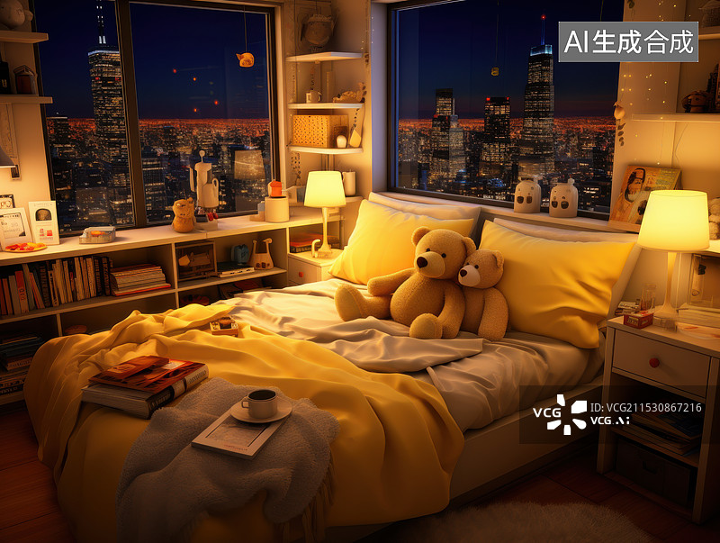 【AI数字艺术】夜色下的温馨小卧室的场景图片素材