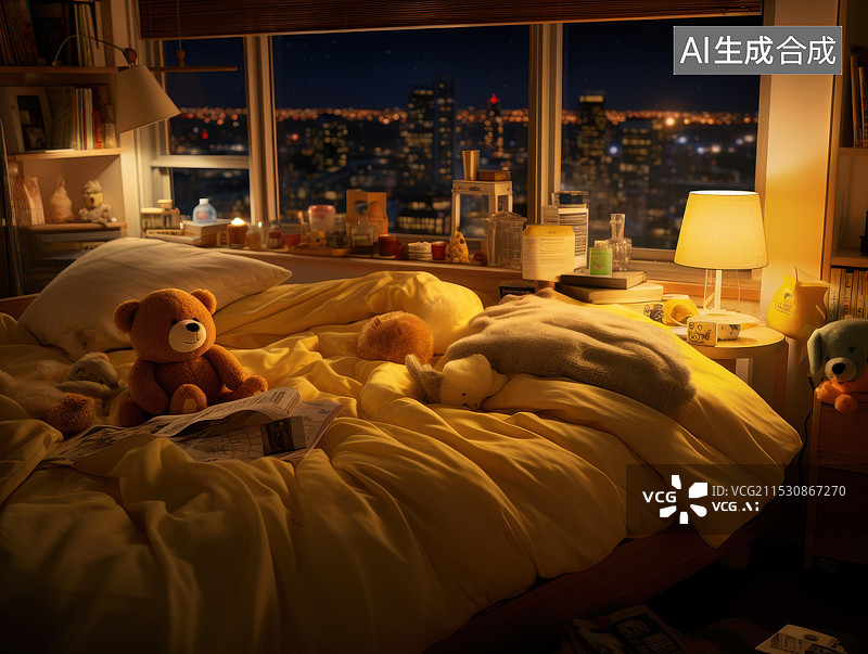 【AI数字艺术】夜色下的温馨小卧室的场景图片素材