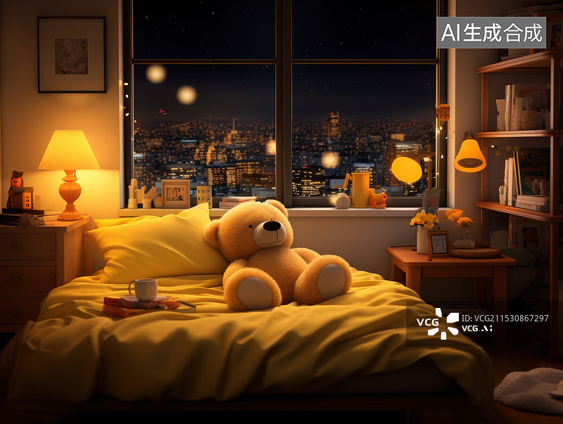 【AI数字艺术】夜色下的温馨小卧室的场景图片素材