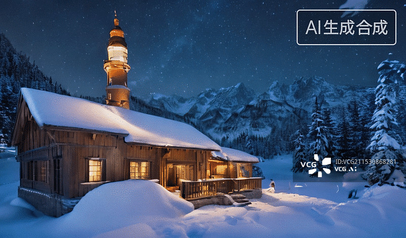 【AI数字艺术】雪夜山居图片素材
